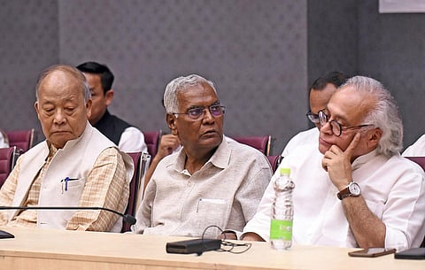 Former Manipur CM Okram Ibobi Singh, CPI’s D Raja and AICC general secretary Jairam Ramesh at the ‘National Convention on Peace in Manipur’ in New Delhi. (Photo | Parveen Negi, EPS)