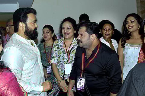 Actor and AMMA president Mohanlal with artists Sreeya Ramesh, Muthumani, Hareesh Kanaran, Kukku Parameswaran and Remya Panicker. (Photo | A Sanesh, EPS)