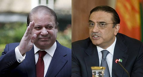 FILE - A collage of Pakistan Muslim League-Nawaz (PML-N) chief Nawaz Sharif (L) and Pakistan Peoples Party (PPP) co-chairman Asif Ali Zardari. (Photo | AP)