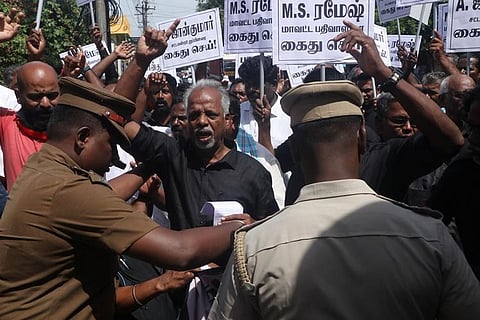 Dravidar Viduthalai Kazhagam staged a protest near the collectorate in Puducherry to arrest those encroaching temple land | Sriram R