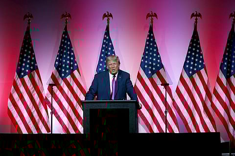 FILE - Former President Donald Trump speaks during the Oakland County Republican Party's Lincoln Day Dinner, June 25, 2023, in Novi, Michigan. (Photo | AP)