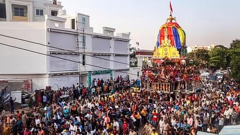 By the day's end, all three chariots were parked in front of the main temple. (Photo | PTI)