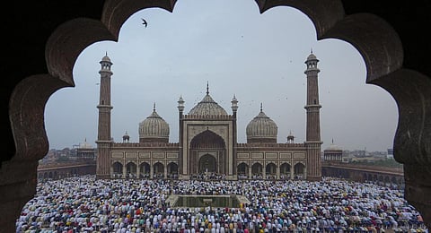 Muslims offer 'namaz' at historic Jama Masjid on the occasion of Eid-al-Adha, in New Delhi. (Photo | PTI)