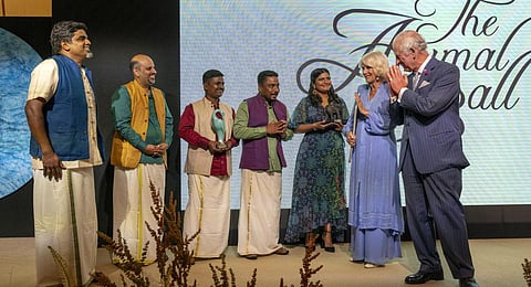 Britain's King Charles III and Queen Camilla presents the members of the The Real Elephant Collective, with their Mark Shand Award and Kartiki Gonsalves with the Tara Award.(Photo | AP)