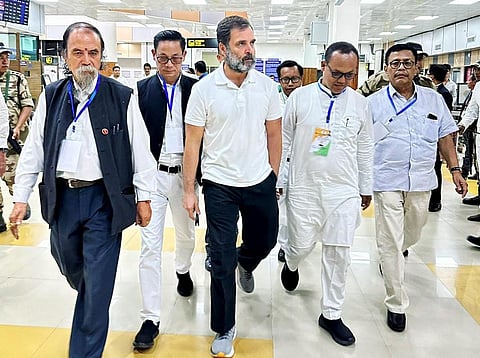 Congress leader Rahul Gandhi arrives at Imphal airport on Thursday. (Photo | ANI)