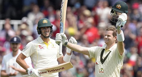 Australia's Steven Smith celebrates getting 100 on the second day of the second Ashes Test at Lord's cricket ground. (Photo | AP)