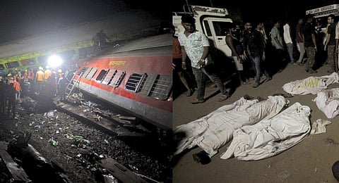 Rescuers work at the site of passenger trains accident, bodies recovered from trains lay at the site of the accident.(Photos | AP)