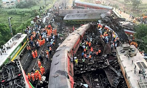 Rescue operation underway at the site where Coromandel Express, Bengaluru-Howrah Express and a goods train derailed, in Balasore district, Saturday, June 3, 2023. (Photo | PTI)