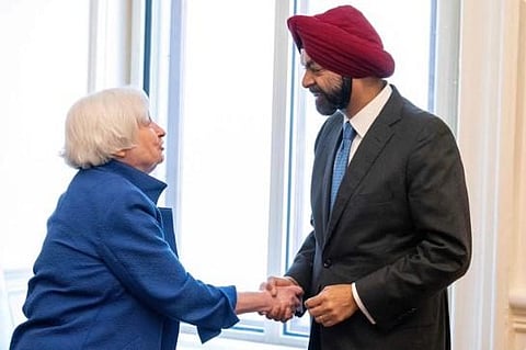 US Treasury Secretary Janet Yellen shakes hands with World Bank President Ajay Banga while meeting at the US Treasury in Washington. (Photo | AFP)