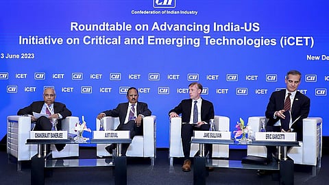 CII's Chandrajit Banerjee, NSA Ajit Doval, US NSA Jake Sullivan and US Ambassador to India Eric Garcetti during a roundtable on iCET in New Delhi, on June 13, 2023. (PTI)