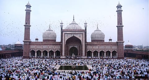 Muslims offer 'namaz' at historic Jama Masjid on the occasion of Eid-al-Adha, in New Delhi.(Photo | EPS)