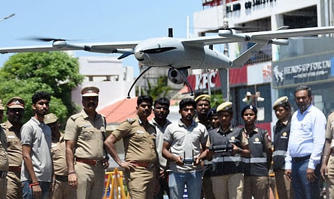 Drones under trial at Elliots beach after DGP Sylendra Babu and Chennai Police Commissioner Shankar Jiwal inaugurated the unit. (Photo | Ashwin Prasath, EPS)
