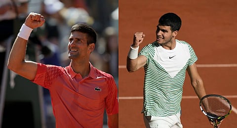 Serbia's Novak Djokovic (L) and Spain's Carlos Alcaraz celebrate after winning their respective 4th round matches of the French Open at Roland Garros in Paris, Sunday, June 4, 2023. (Photo | AFP)