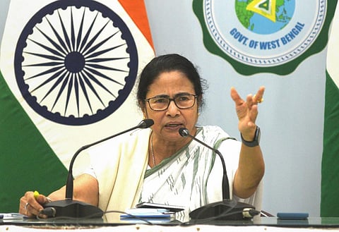 West Bengal Chief Minister Mamata Banerjee addresses a press conference over the Balasore train accident, at her residence in Kolkata, Sunday, June 4, 2023. (Photo | PTI)