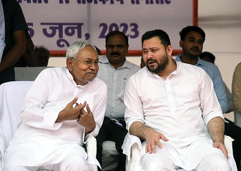 Bihar Chief Minister Nitish Kumar with Deputy Chief Minister Tejashwi Yadav during 'Sampoorna Kranti Divas', in Patna (Photo | PTI)