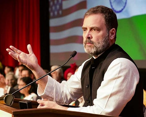 Congress leader Rahul Gandhi addressing the members of the Indian diaspora in the Javits Centre. (Photo | PTI)