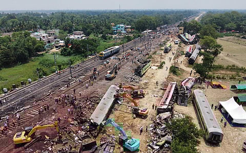 Restoration of train tracks is on at the accident site in Balasore, Odisha. (Photo | Debadatta Mallick, EPS)