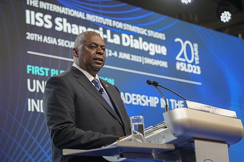 US Secretary of Defense Lloyd J. Austin III speaks at the 20th International Institute for Strategic Studies (IISS) Shangri-La Dialogue. (Photo | AP)
