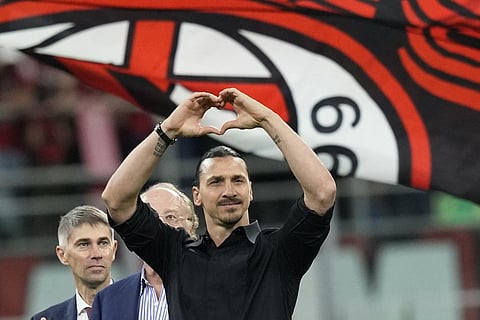AC Milan's Zlatan Ibrahimovic reacts after his last game for the club at the end of a Serie A soccer match between AC Milan and Hellas Verona at the San Siro stadium. (Photo | AP)