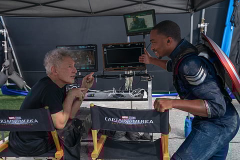 Anthony Mackie and Harrison Ford on the set of Captain America: Brave New World. (Photo | Twitter)