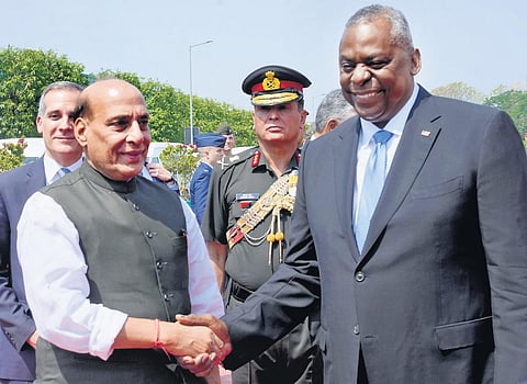 Rajnath Singh with his US counterpart Lloyd Austin, in Delhi on Monday. (Photo | EPS)