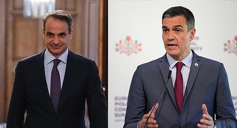 Greek Prime Minister Kyriakos Mitsotakis, left, and Spanish Prime Minister Pedro Sanchez, right. (Photo | AP)
