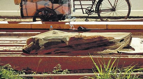 Ragpicker Joy, 63, lies down atop concrete posts stacked on the roadside near Vyttila