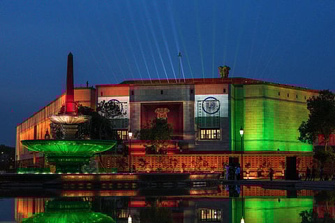 The new Parliament building illuminated with colourful lights, in New Delhi, Sunday, May 28, 2023. (Photo | PTI)