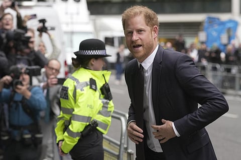 Prince Harry arrives at the High Court in London, Tuesday, June 6, 2023. (AP)