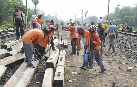 Image used for representation. Workers restore railway tracks at the site where the triple-train accident happened on Friday, near Bahanga Bazar railway station in Balasore district.( Photo | PTI)