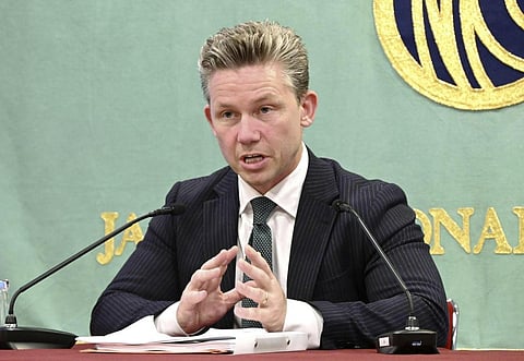 Swedish Defense Minister Pål Jonson speaks during a press conference in Tokyo. (Photo |AP)