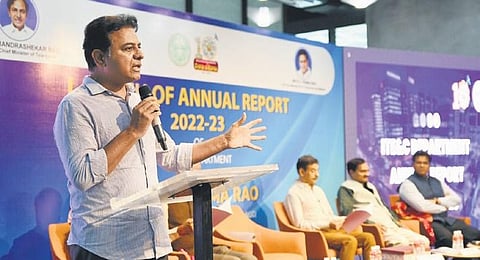 IT Minister KT Rama Rao releases the annual report of the IT, E&C department for 2022-23 at THub  in Hyderabad on Monday | Vinay Madapu