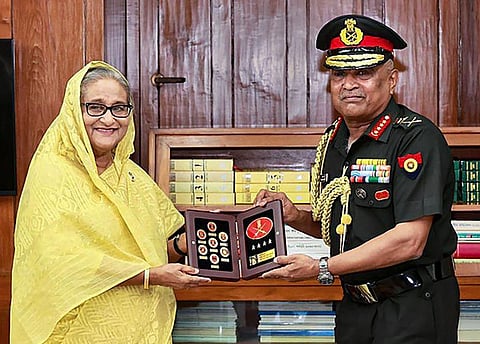 Bangladesh Prime Minister Sheikh Hasina and Indian Chief of Army Staff General Manoj Pande during a meeting, in Ganabhaban, Bangladesh, Tuesday, June 6, 2023. (Photo | PTI)