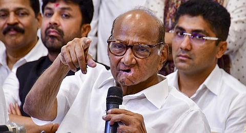 Nationalist Congress Party chief Sharad Pawar addresses the media at the Y. B. Chavan Center, in Mumbai. (Photo | PTI)