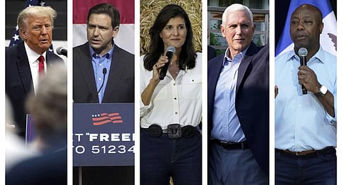 (L to R) A collage of ex-US President Donald Trump, Florida Gov. Ron DeSantis, ex-UN Ambassador Nikki Haley, ex-US Vice President Mike Pence and South Carolina Sen. Tim Scott. (Photo | AP)