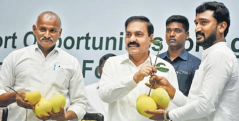 Agriculture Minister Kakani Govardhan Reddy takes part in a workshop on export opportunities for farm products in Vijayawada on Tuesday I Prasant Madugula