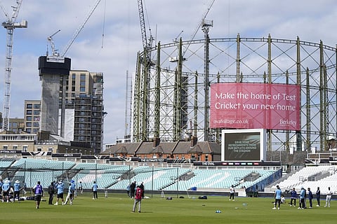 Members of the Indian team during a training session at The Oval cricket ground in London, on Monday