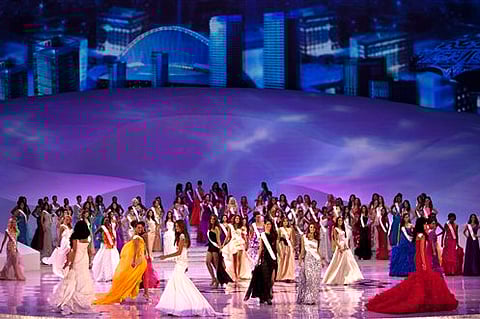 Miss World contestants wearing evening gowns perform on stage during the Miss World 2012 beauty pageant (File photo | AP).