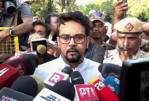 Union Minister for Youth Affairs and Sports Anurag Thakur speaks with the media after a meeting with wrestlers, in New Delhi, Wednesday, June 7, 2023. (Photo | PTI)