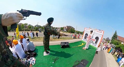 The float depicting the assassination of Indira Gandhi during the parade in Brampton. (Photo | Milind Deora Twitter)
