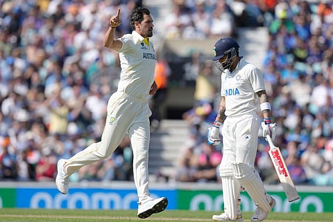 Mitchell Starc celebrates after taking Virat Kohli's wicket on the second day of the ICC World Test Championship Final between India and Australia at The Oval in London, June 8, 2023. (Photo | AP)