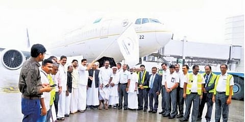 Minister for Waqf and Haj Pilgrimage V Abdurahiman flagging off the flight to King Abdulaziz International Airport in Jeddah on Wednesday