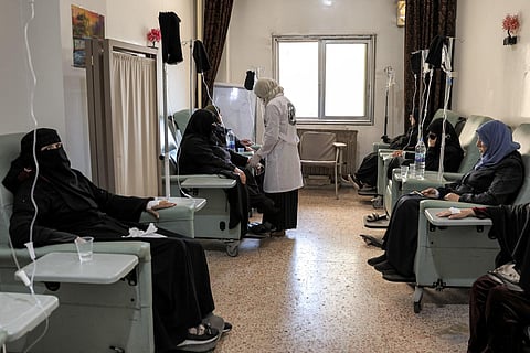 Patients receive treatment at the Haematology and Oncology department run by the Syrian American Medical Society (SAMS) in Idlib on May 2, 2023. (Photo | AFP)