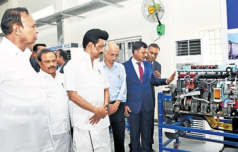 Chief Minister MK Stalin inspecting a technology centre at Oragadam near Chennai on Thursday | Express