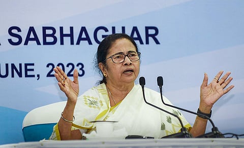 West Bengal Chief Minister Mamata Banerjee speaks at an event in Hooghly district, Thursday, June 8, 2023. (Photo | PTI)