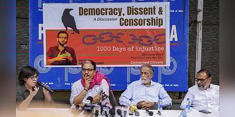 Lawyer Shahrukh Alam, Rajya Sabha MP Manoj Jha, Economist Prabhat Patnaik and Umar Khalid's father SQR Ilyas during a discussion on Umar Khalid's 1000 days in Tihar Jail. (Photo | PTI)