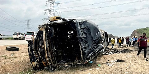 Charred remains of a bus that met with an accident and caught fire killing at least 25 passengers and injuring many others, in Buldhana district | PTI