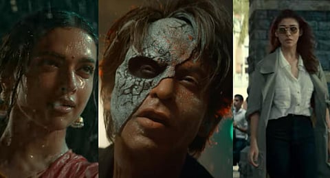 Deepika Padukone, Shah Rukh Khan and Nayanthara in 'Jawan'. (Trailer grabs)