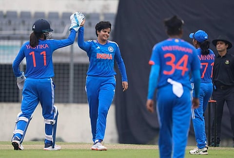 India's Shafali Verma celebrates with teammates after taking a wicket during a T20 match against Bangladesh, at Sher-e-Bangla National Cricket Stadium, in Mirpur, on July 9, 2023. (PTI)