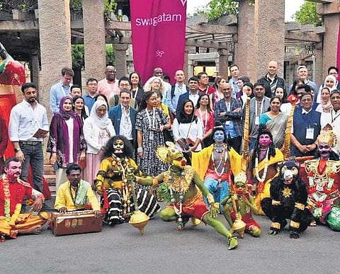 ​  G20 delegates pose for the shutterbugs at JSW Airport near Hampi on Sunday    ​